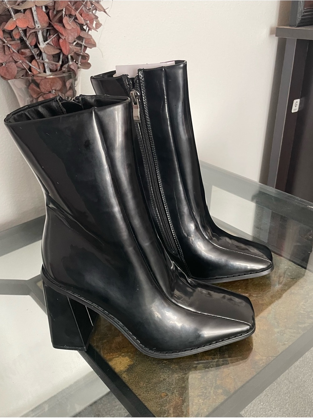 Nasty Gal Black Patent Mid-Calf Block Heel Boots